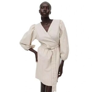 H&M Beige Long Puff Sleeve Linen Blend Wrap Dress S